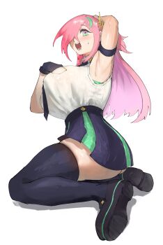 1girl absurdres arm_behind_head arm_up armpits arqa black_gloves black_necktie black_shoes black_thighhighs blush borrowed_character breast_pocket breasts collared_shirt fran_(plumeriafran) full_body gloves green_hair hair_ornament hair_over_one_eye hashtag_hair_ornament high-waist_skirt highres kneeling large_breasts long_hair looking_at_viewer multicolored_hair necktie open_mouth original pink_hair pocket shirt shoes sitting skirt sleeveless sleeveless_shirt smile solo streaked_hair sweatdrop thighhighs wariza white_shirt