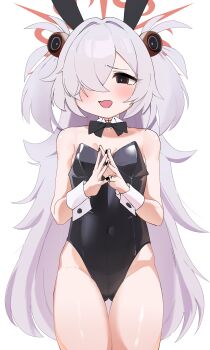 1girl absurdres alternate_costume animal_ear_hairband animal_ears bare_hips bare_legs bare_shoulders black_bow black_bowtie black_choker black_eyes black_hairband black_leotard black_nails blue_archive blush bow bowtie breasts bright_pupils brown_eyes brown_halo cameltoe choker clothing_cutout collarbone covered_navel crotch detached_collar fake_animal_ears finger_touching fingernails flat_chest furrowed_brow grey_hair hair_between_eyes hair_bobbles hair_intakes hair_ornament hair_over_one_eye hairband half-closed_eyes halo hands_up highleg highleg_leotard highres kanoe_(blue_archive) leotard light_blush loli long_hair looking_at_viewer messy_hair mojyo multicolored_eyes nail_polish navel_cutout one_eye_covered open_mouth oversized_breast_cup own_hands_clasped playboy_bunny rinki_(rink2) scar scar_on_neck shiny_skin short_twintails simple_background small_breasts solo standing strapless strapless_leotard thigh_gap thighs twintails two-tone_eyes two_side_up very_long_hair white_background wrist_cuffs