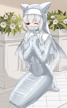 Rule 34 | 1852489, 1girl, absurdres, animal ear headwear, bdsm, bondage, bound, commentary request, covered navel, fake animal ears, full body, gag, gagged, guimpe, highres, latex, long hair, nun, one eye closed, original, own hands together, plant, potted plant, red eyes, seiza, shiny clothes, sitting, skin tight, sleepsack, solo, variant set, white hair