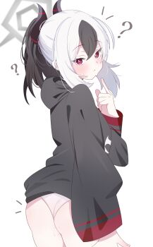 1girl ? ass black_hair black_hoodie black_horns blue_archive blush commentary_request demon_horns grey_halo hair_between_eyes halo highres hood hoodie horns kanimiso30601 kayoko_(blue_archive) long_hair looking_at_viewer multicolored_hair panties pointing pointing_at_self ponytail red_eyes solo sweat two-tone_hair underwear white_background white_hair white_panties
