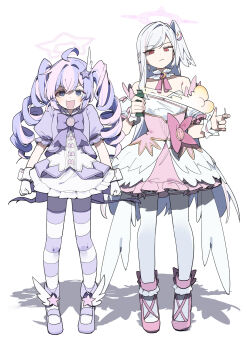 2girls :d absurdres ahoge bare_shoulders blue_archive bow clenched_hands commentary crescent detached_collar dress earrings gloves hair_ornament halo head_wings high_heels highres jewelry juliet_sleeves long_sleeves looking_at_viewer maton_3110 multicolored_hair multiple_girls official_alternate_costume open_mouth pantyhose pink_halo puffy_sleeves purple_bow purple_eyes red_eyes reisa_(blue_archive) reisa_(magical)_(blue_archive) shadow shoes simple_background single_head_wing smile smoke_grenade star_(symbol) star_hair_ornament streaked_hair striped_clothes striped_pantyhose suzumi_(blue_archive) suzumi_(magical)_(blue_archive) thighhighs twintails two-tone_hair white_background white_hair white_thighhighs winged_shoes wings wrist_cuffs