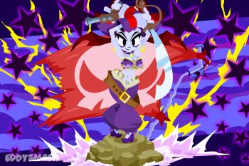 Rule 34 | 1girl, arms up, artist name, colored skin, commentary, earrings, eddysmash2407, english commentary, gun, harem pants, hat, highres, holding, holding gun, holding sword, holding weapon, hoop earrings, jewelry, navel, pants, pirate costume, pirate hat, purple skin, risky boots, shantae (series), solo, star (symbol), sword, watermark, weapon