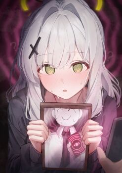 1boy 1girl ? @_@ absurdres black_necktie blue_archive blush cellphone doodle_sensei_(blue_archive) green_eyes grey_hair halo hare_(blue_archive) highres holding holding_mirror hypnosis hypnosis_app long_hair mind_control mirror necktie oiru_(613) phone sensei_(blue_archive) shirt smartphone sweat white_shirt yellow_halo