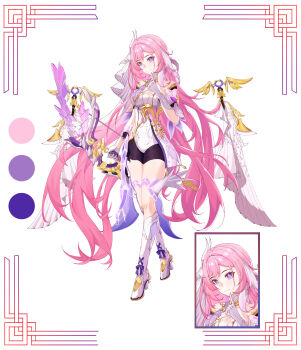 1girl absurdres an_you_lan bell black_shorts boots bow_(weapon) breasts chinese_commentary commentary_request corset diamond-shaped_pupils diamond_(shape) elysia_(herrscher_of_human:_ego)_(honkai_impact) elysia_(honkai_impact) gloves highres holding holding_bow_(weapon) holding_weapon honkai_(series) honkai_impact_3rd long_hair looking_at_viewer medium_breasts multicolored_hair pink_hair purple_eyes short_shorts shorts simple_background smile solo symbol-shaped_pupils tachi-e thighs two-tone_hair veil very_long_hair weapon white_background white_boots white_corset white_gloves white_hair white_veil