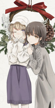 alternate_headwear artist_name black_pants blonde_hair blush brown_eyes brown_hair closed_mouth clothing_request december dress flower flower_request hair_between_eyes hair_ribbon hands_on_another&#039;s_shoulder hands_on_own_cheeks hands_on_own_face hat highres knit_sweater leaf long_dress looking_at_another maribel_hearn multicolored_eyes no_headwear nose_blush one_eye_closed pants poteimo_(poteimo622) purple_dress purple_eyes ribbon sample_watermark short_hair simple_background smile sweater touhou two-tone_eyes usami_renko watermark white_background white_hat white_ribbon white_sweater winter winter_clothes yellow_eyes