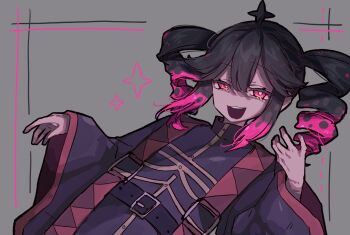 Rule 34 | 1girl, ahoge, belt, black hair, commentary request, double-parted bangs, drill hair, grey background, hair between eyes, highres, kasane teto, okura 0915, open mouth, pink eyes, pink hair, purple belt, purple robe, q&amp;a (utau), red trim, robe, teeth, twin drills, upper teeth only, utau