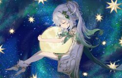 Rule 34 | 1girl, artist name, blush, cape, closed eyes, commentary request, detached sleeves, dress, eyelashes, floating, full moon, genshin impact, gold trim, gradient hair, green cape, green dress, green hair, green sleeves, hair between eyes, hair ornament, highres, holding moon, hugging object, long hair, moon, multicolored hair, nahida (genshin impact), new (new gnsn), night, night sky, parted lips, pointy ears, short sleeves, side ponytail, sidelocks, signature, sky, sleeveless, sleeveless dress, solo, star (sky), star (symbol), starry sky, streaked hair, twitter username, u u, white dress, white hair