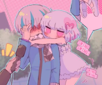 1girl 2boys bad_id bad_pixiv_id bare_shoulders blue_hair blush clinging deliriumcenter dohna_dohna_issho_ni_warui_koto_o_shiyou dress embarrassed flat_chest grey_hair hand_on_own_face height_difference highres holding holding_microphone interview jacket kuma_(dohna_dohna) looking_at_another microphone multicolored_hair multiple_boys pink_eyes pink_hair porno_(dohna_dohna) scarf short_hair tree two-tone_hair