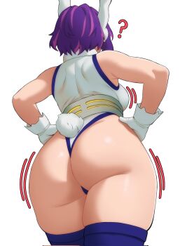 1girl ? animal_ears ass back bare_shoulders boku_no_hero_academia breasts clothing_cutout commentary corrupted_twitter_file cosplay english_commentary evoltodraw fur_collar gloves hands_on_own_hips highleg highleg_leotard highres lady_nagant large_breasts leotard median_furrow mirko mirko_(cosplay) multicolored_hair pink_hair pink_streaks purple_hair purple_thighhighs rabbit_ears rabbit_tail short_hair shoulder_blades solo streaked_hair tail tail_through_clothes taut_leotard thick_thighs thighhighs thighs two-tone_hair wedgie white_gloves white_leotard