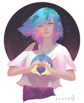 Rule 34 | 1girl, absurdres, blue eyes, blue hair, closed mouth, earth-chan, fahmi fauzi, gradient hair, green hair, heart, heart hands, highres, jewelry, lips, logo, looking at viewer, multicolored hair, nasa logo, necklace, night, no pupils, one eye closed, original, photoshop (medium), pink hair, revision, shirt, short hair, short sleeves, sky, smile, solo, space, star (sky), swept bangs, white shirt