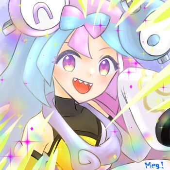 1girl :d appleberry9 bare_shoulders blue_hair bow-shaped_hair character_hair_ornament hair_ornament highres iono_(pokemon) iono_(sygna_suit)_(pokemon) long_sleeves looking_at_viewer multicolored_hair nintendo official_alternate_costume open_mouth pink_eyes pink_hair pokemon pokemon_masters_ex sharp_teeth sleeves_past_fingers sleeves_past_wrists smile solo teeth two-tone_hair upper_body upper_teeth_only wide_sleeves