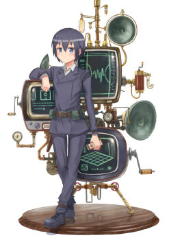 1girl androgynous arms_at_sides belt belt_buckle belt_pouch black_boots black_eyes black_hair black_jacket black_pants boots bottle breasts bright_pupils brown_belt buckle closed_mouth collared_shirt commentary copyright_name crank crt dot_mouth dress_shirt elbow_rest english_commentary expressionless floppy_disk full_body guage hair_between_eyes highres holding holding_bottle jacket kino_(kino_no_tabi) kino_no_tabi lead_pipe light_blush long_sleeves looking_at_viewer morse_code pants pouch shirt small_breasts solo speaker standing steampunk tauke tomboy translated vacuum_tube valve white_shirt wooden_floor work_boots
