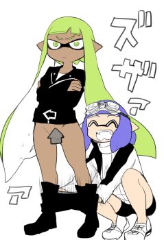 1boy 1girl assisted_exposure bike_shorts black_shorts blue_hair boots censored cleft_of_venus clothes_pull danimaru dark-skinned_female dark_skin fangs genderswap genderswap_(mtf) goggle-kun_(splatoon) goggles goggles_on_head green_eyes green_hair highres inkling inkling_boy inkling_girl inkling_player_character jacket matching_hair/eyes nintendo novelty_censor pantsing pointy_ears prank pulling_another's_clothes pussy rider-kun_(splatoon) shoes shorts shorts_pull sneakers splatoon_(manga) splatoon_(series) squid tentacle_hair track_jacket transparent_censoring