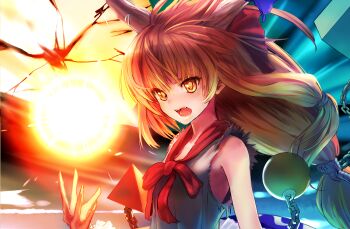 1girl armpits bad_anatomy bad_hands bad_id bad_pixiv_id ball bow chain chirigami-san energy_ball female_focus hair_bow horn_ornament horn_ribbon horns ibuki_suika magic necktie open_mouth orange_hair ponytail power ribbon shirt sleeveless sleeveless_shirt solo touhou upper_body yellow_eyes