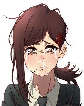 1girl absurdres black_jacket black_necktie black_skirt brown_eyes brown_hair chainsaw_man commentary_request crying drooling frown hair_ornament hairclip higashiyama_kobeni highres jacket mole mole_under_eye mole_under_mouth multiple_moles necktie ponytail portrait raised_inner_eyebrows saburo_des saliva single_sidelock skirt snot_trail solo streaming_tears sweat tears textless_version twitter_username
