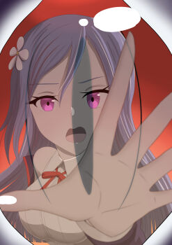 Rule 34 | 2girls, absurdres, akashi manaka, arm at side, assault lily, bare shoulders, black jacket, black ribbon, breasts, collared shirt, commentary request, eye reflection, flower, hair between eyes, hair flower, hair ornament, hand up, highres, jacket, long hair, long sleeves, looking at viewer, medium breasts, multiple girls, neck ribbon, off shoulder, open clothes, open hand, open jacket, open mouth, pink eyes, purple hair, reaching, reaching towards viewer, red eyes, reflection, ribbon, rusalka (assault lily), school uniform, shirt, solo focus, upper body, white flower, white shirt, yadoo, yurigaoka girls academy school uniform