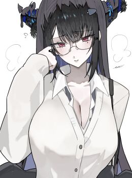 1girl absurdres alternate_costume asymmetrical_horns bag black_hair blue_hair blush breasts cleavage colored_inner_hair crystal_horns demon_horns ewn flower glasses highres hololive hololive_english horn_flower horns large_breasts long_hair looking_at_viewer mole mole_under_eye multicolored_hair nerissa_ravencroft red_eyes school_bag shirt simple_background solo two-tone_hair uneven_horns very_long_hair virtual_youtuber white_background