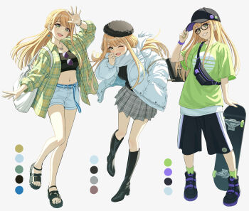 1girl adjusting_clothes adjusting_headwear aviator_sunglasses bag baseball_cap belt beret black-framed_eyewear black_boots black_hat black_shoes black_shorts black_sweater black_tank_top blonde_hair boots coat collarbone color_guide commentary denim denim_shorts earrings enpera fanny_pack gakuen_idolmaster glasses green_nails green_shirt green_socks grey_skirt hair_ornament hairclip half_updo hat head_tilt highres idolmaster jewelry long_hair looking_at_viewer miniskirt multiple_views nail_polish navel necklace ntn00a one_eye_closed open_mouth outstretched_arms parallel_hairclips pin plaid_clothes plaid_shirt plaid_skirt puffy_coat purple_shoes sandals scarf shirt shiun_sumika shoes shorts shoulder_bag simple_background skateboard skirt sneakers socks solo sunglasses sweater swept_bangs t-shirt tank_top teeth thighs toes upper_teeth_only waving white_background white_bag white_coat white_scarf