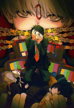 5boys 5girls adachi_tooru amagi_yukiko belt black_hair black_hat black_jacket black_pants black_suit blonde_hair blue_hair brown_belt brown_coat brown_hair business_suit caution_tape chinese_commentary coat collared_shirt commentary_request covering_one_eye crt dial_television dogpile dress_pants fingernails formal_clothes giant giant_male glitch grey_eyes grey_hair hairband hanamura_yousuke hands_on_own_face hands_up hat highres holding jacket kneeling konishi_saki kuma_(persona_4) legs_on_another's_back long_hair long_sleeves looking_at_viewer messy_hair multiple_boys multiple_girls narukami_yu necktie noose open_clothes open_jacket open_mouth pants persona persona_4 persona_4_the_golden raised_inner_eyebrows red_background red_eyes red_hairband red_necktie satonaka_chie school_uniform shirogane_naoto shirt short_hair sitting spoilers static suit suit_jacket tatsumi_kanji tearing_up teeth television upper_teeth_only white_shirt xinjinjumin827309438066 yamano_mayumi yasogami_school_uniform