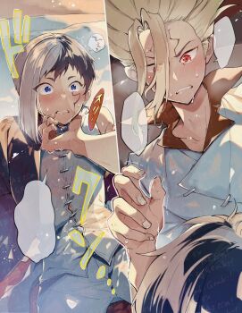 2boys asagiri_gen black_hair black_jacket blonde_hair blue_eyes blush chinese_clothes clenched_teeth dr._stone facial_mark gokigenaraiguma grey_hair hair_over_one_eye highres ishigami_senkuu jacket male_focus multicolored_hair multiple_boys red_eyes shirt short_hair speech_bubble spiked_hair sweat teeth two-tone_hair white_hair yaoi