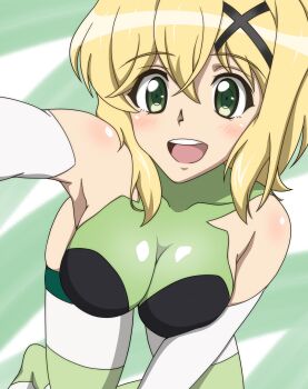 1girl a_k_g_e_0325 absurdres akatsuki_kirika all_fours blonde_hair blush breasts cleavage elbow_gloves gloves green_eyes green_leotard hair_ornament highres leotard looking_at_viewer medium_breasts open_mouth outstretched_arm senki_zesshou_symphogear shiny_clothes shiny_skin short_hair smile solo striped_clothes striped_legwear striped_thighhighs thighhighs x_hair_ornament