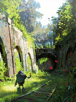 arch archdrawsalot bridge bug butterfly butterfly_on_hand commentary day english_commentary facing_away grass highres humanoid_robot insect nature original outdoors overgrown railroad_tracks red_butterfly robot scenery sky standing tree