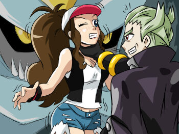 1boy 1girl asphyxiation black_vest brown_hair clenched_teeth defeat dragon evil_grin evil_smile gen_5_pokemon ghetsis_(pokemon) grin hat helpless hilda_(pokemon) krlitosss kyurem legendary_pokemon neck_hold nintendo pain peril pokemon pokemon_(creature) pokemon_bw pokemon_bw2 ponytail shirt shorts smile strangling teeth vest white_shirt wince you_gonna_get_eaten
