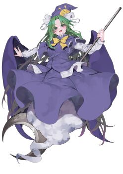 Rule 34 | 1girl, blue capelet, bow, bowtie, capelet, commentary request, crescent, dot nose, full body, ghost tail, green eyes, green hair, hat, highres, holding, holding staff, kararage tsune, long hair, long sleeves, looking at viewer, mima (touhou), open mouth, outstretched arms, parted bangs, purple hat, purple skirt, purple vest, shirt, simple background, skirt, smile, solo, spread arms, staff, sun print, teeth, touhou, touhou (pc-98), upper teeth only, vest, white background, white shirt, wings, wizard hat, yellow bow, yellow bowtie