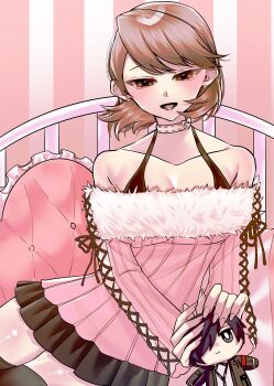 1girl armband bare_shoulders bed bedroom black_jacket black_skirt black_thighhighs blue_hair blush brown_eyes brown_hair character_doll choker collarbone commentary_request cowboy_shot cross-laced_clothes cross-laced_sleeves cross-laced_sweater doll earrings flipped_hair fur-trimmed_sweater fur_trim halterneck heart heart_choker highres holding holding_doll indoors jacket jewelry long_sleeves looking_at_viewer miniskirt niaoju1010 off-shoulder_sweater off_shoulder official_alternate_costume open_mouth persona persona_3 persona_3_reload pillow pink_pillow pink_sweater pleated_skirt red_armband ribbed_sweater short_hair sitting skirt smile solo strap stud_earrings sweater takeba_yukari thighhighs white_choker winter_clothes yuuki_makoto_(persona_3) zettai_ryouiki