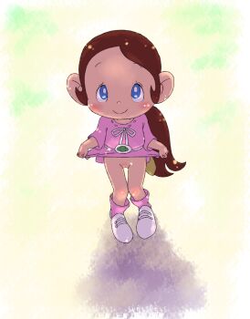 1girl belt blue_eyes blush bouken_korobokkuru brown_hair clothes_lift dress dress_lift flat_chest knife loli long_hair long_sleeves looking_at_viewer lovelove_(bouken_korobokkuru) low_ponytail mini_person minigirl no_panties ponytail purple_dress purple_socks pussy ribbon sheath shoes smile socks standing white_belt white_ribbon white_shoes yamanokonza yellow_background