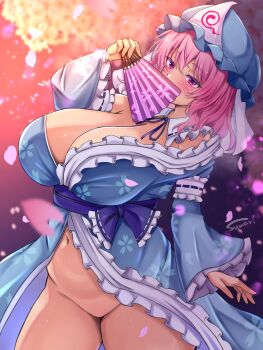 1girl blush breasts cherry_blossoms eyebrows folding_fan frills groin hand_fan hat huge_breasts japanese_clothes kimono large_breasts navel no_bra no_panties obi pink_hair purple_eyes saigyouji_yuyuko sash short_hair sumari thighs touhou