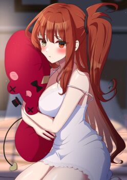 1girl blush breasts closed_mouth commentary daiya_fortuna diamond-shaped_pupils diamond_(shape) dress english_commentary erenshu grey_eyes heart heart-shaped_pupils heterochromia highres hugging_object indie_virtual_youtuber lace lace-trimmed_dress lace_trim large_breasts lockonspace long_hair looking_at_viewer mismatched_pupils red_eyes red_hair second-party_source side_ponytail sitting solo strap_slip stuffed_toy symbol-shaped_pupils virtual_youtuber white_dress