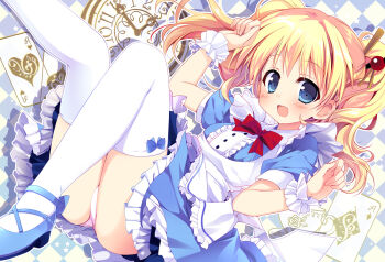 1girl alice_cartelet alternate_costume blonde_hair blue_eyes blush bow card clock dress kin-iro_mosaic long_hair looking_at_viewer nagayama_yuunon open_mouth panties pantyshot pink_panties playing_card shoes thighhighs twintails underwear white_thighhighs