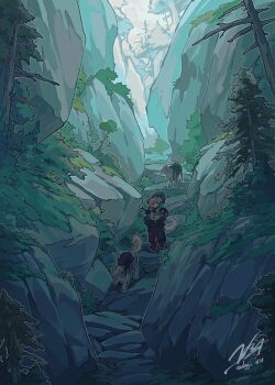 2girls absurdres alternate_costume animal_ears black_pants blue_eyes blue_hair brown_eyes carrying carrying_person commentary dated doggo_1d34 geta gloves green_hat grey_gloves hat highres inubashiri_momiji kawashiro_nitori multiple_girls outdoors pants piggyback red_hat red_sandals sandals signature sword sword_on_back tail tengu-geta tokin_hat touhou tree vest weapon weapon_on_back white_vest wolf wolf_ears wolf_girl wolf_tail