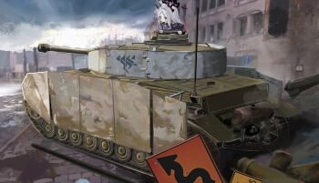 1girl absurdres ahoge black_halo black_jacket blue_archive city commentary_request demon_girl demon_horns forehead guanhuvu halo highres hina_(blue_archive) horns jacket long_hair military_vehicle motor_vehicle panzer_iv purple_eyes solo tank