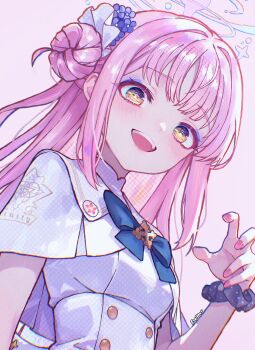 1girl black_scrunchie blue_archive blush buttons capelet commentary_request double-breasted feathered_wings fingernails flower hair_bun hair_flower hair_ornament halo highres looking_at_viewer mika_(blue_archive) nail_polish open_mouth pink_hair pink_halo pink_nails rafi_(rafitea) scrunchie single_hair_bun single_side_bun smile solo white_capelet wings wrist_scrunchie yellow_eyes