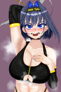 1girl abs armlet armpit_crease armpit_stubble armpits bikini black_armlet black_sports_bra blue_eyes blue_hair blue_nail_polish blue_nails boros_(ouro_kronii) bra breasts choker cleavage clock clothing_cutout colored_eyelashes colored_inner_hair ear_piercing eddarxart exercising gym hair_intakes halo hand_on_own_chest hawk_tuah_(meme) headband highleg highres holocouncil hololive hololive_english holopromise jewelry large_breasts looking_at_viewer medium_hair meme multicolored_hair muscular muscular_female navel navel_piercing open_mouth ouro_kronii piercing ring smile sports_bra sportswear steam steaming_body sweat sweatdrop swimsuit teeth toned toned_female toned_stomach training two-tone_hair underboob underboob_cutout underwear upper_body virtual_youtuber wedding_band zipper zipper_bikini