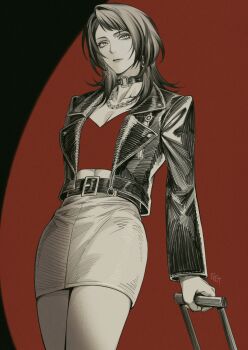 1girl 7nite absurdres bang_dream! bang_dream!_it&#039;s_mygo!!!!! black_choker black_hair black_jacket blue_eyes breasts choker cleavage commentary earrings english_commentary grey_skirt highres jacket jewelry necklace red_background red_shirt shirt skirt solo upper_body yahata_umiri