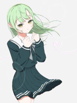 Rule 34 | 1girl, bang dream!, bang dream! it's mygo!!!!!, blue shirt, blue skirt, closed mouth, commentary, floating hair, green hair, grey neckerchief, hands up, heart, highres, long sleeves, melty lubll, neckerchief, purple eyes, school uniform, shirt, simple background, skirt, solo, tsukinomori school uniform, wakaba mutsumi, white background, yellow eyes