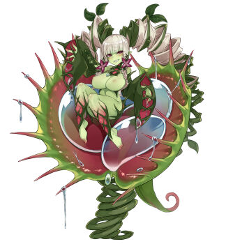 arm_up breasts character_name character_profile colored_skin curly_hair detached_sleeves feet flower green_hair green_skin grin hair_ornament hands_up highres kenkou_cross large_breasts leaf leaf_hair_ornament liquid long_hair looking_to_the_side man-eater_(claustrophyte)_(monster_girl_encyclopedia) monster_girl monster_girl_encyclopedia multicolored_hair nude official_art pink_flower plant pointy_ears purple_eyes sharp_teeth smile spikes teeth twintails venus_flytrap white_background white_hair