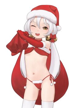 1girl bikini bow bra brown_eyes capelet choker christmas elbow_gloves flat_chest fur-trimmed_bikini fur-trimmed_bra fur-trimmed_capelet fur-trimmed_gloves fur-trimmed_headwear fur_trim gloves gluteal_fold groin hair_bow hat highres holding holding_sack kuroshiro00 loli micro_bikini original red_bikini red_bow red_capelet red_choker red_gloves red_hat sack santa_bikini santa_costume santa_hat simple_background swimsuit thighhighs underwear white_background white_hair white_thighhighs