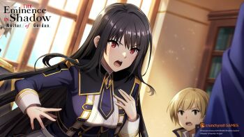 Rule 34 | 1girl, 2boys, artist request, black hair, blonde hair, blue jacket, blue necktie, bookshelf, breasts, character request, claire kagenou, copyright notice, crunchyroll, grey eyes, hand on own chest, highres, jacket, kage no jitsuryokusha ni naritakute!, kage no jitsuryokusha ni naritakute! master of garden, logo, long hair, midgar academy school uniform, multiple boys, necktie, official art, open mouth, pleated skirt, red eyes, school uniform, shirt, short necktie, skirt, white shirt, white skirt, window