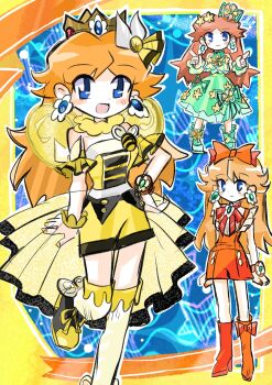 1girl bee_print blue_eyes bow brown_hair crown dress earrings flower flower_earrings green_dress hair_bow hair_flower hair_ornament hand_on_own_hip highres jewelry long_hair mario_(series) nintendo orange_bow princess_daisy rakugaki_shitagari-ya