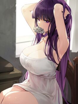 Rule 34 | 1girl, alternate breast size (larger), armpits, arms up, bare shoulders, breasts, cleavage, commentary request, dress, fern (sousou no frieren), goomrrat, highres, indoors, large breasts, long hair, mouth hold, purple eyes, purple hair, sitting, sleeveless, sleeveless dress, solo, sousou no frieren, very long hair, white dress