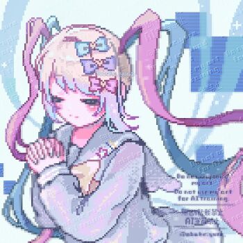 Rule 34 | 1girl, blonde hair, blue hair, blue serafuku, bow, chest bow, chouzetsusaikawa tenshi-chan, closed eyes, colored tips, commentary, cowboy shot, english commentary, hair bow, highres, multicolored hair, multiple hair bows, needy girl overdose, obake yura, own hands clasped, own hands together, pink hair, pixel art, quad tails, school uniform, serafuku, solo