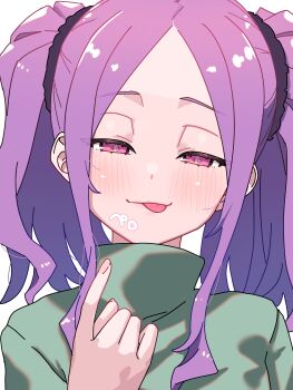 Rule 34 | 1girl, absurdres, blush, breasts, commentary request, fate/grand order, fate (series), green shirt, highres, long hair, long sleeves, looking at viewer, medium breasts, niwaikanai, parted bangs, purple eyes, purple hair, shirt, sidelocks, smile, solo, tongue, tongue out, twintails, valentine, wu zetian (fate)