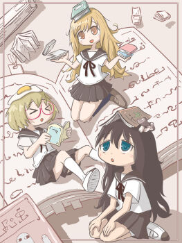 Rule 34 | blue eyes, book, book on head, brown eyes, character request, egg, egg (food), egg hair ornament, egg yolk, food, food-themed hair ornament, food on head, hair ornament, highres, holding, holding book, kneeling, kumalita, long hair, mushroom, mushroom on head, object on head, open mouth, oversized object, pleated skirt, red-framed eyewear, school uniform, shimeji simulation, skirt, socks, tsukishima shijima, white socks, yamashita majime, yomikawa (shimeji simulation)