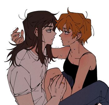 1boy 1girl abaddon_(haunted_hotel) aged_up black_camisole blue_eyes brown_eyes brown_hair camisole commentary esther_freeling eye_contact haunted_hotel hetero highres insidej043 jewelry knees_up long_hair looking_at_another ring shirt short_hair simple_background sitting sweat symbol-only_commentary trembling undercut white_background