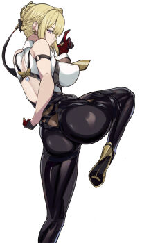 Rule 34 | 1girl, ass, asymmetrical gloves, black pants, black shoes, blonde hair, breasts, commentary request, evelyn chevalier, foot out of frame, gloves, high-waist pants, high heels, highres, large breasts, leg up, looking at viewer, mole, mole under eye, pants, purple eyes, red gloves, saint laurent paris, shirt, shoes, short hair, sideboob, simple background, solo, uneven gloves, white background, white shirt, zenless zone zero