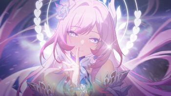 1girl bare_shoulders blue_flower chinese_commentary closed_mouth commentary_request cyrene_(honkai:_star_rail) cyrene_(ripples_of_past_reverie)_(honkai:_star_rail) diamond-shaped_pupils diamond_(shape) earrings flower hair_flower hair_ornament halo halo_behind_head hand_up highres honkai:_star_rail honkai_(series) jewelry long_hair looking_at_viewer madyy nail_polish pink_hair pink_nails pointy_ears portrait purple_eyes revision smile solo symbol-shaped_pupils very_long_hair white_halo